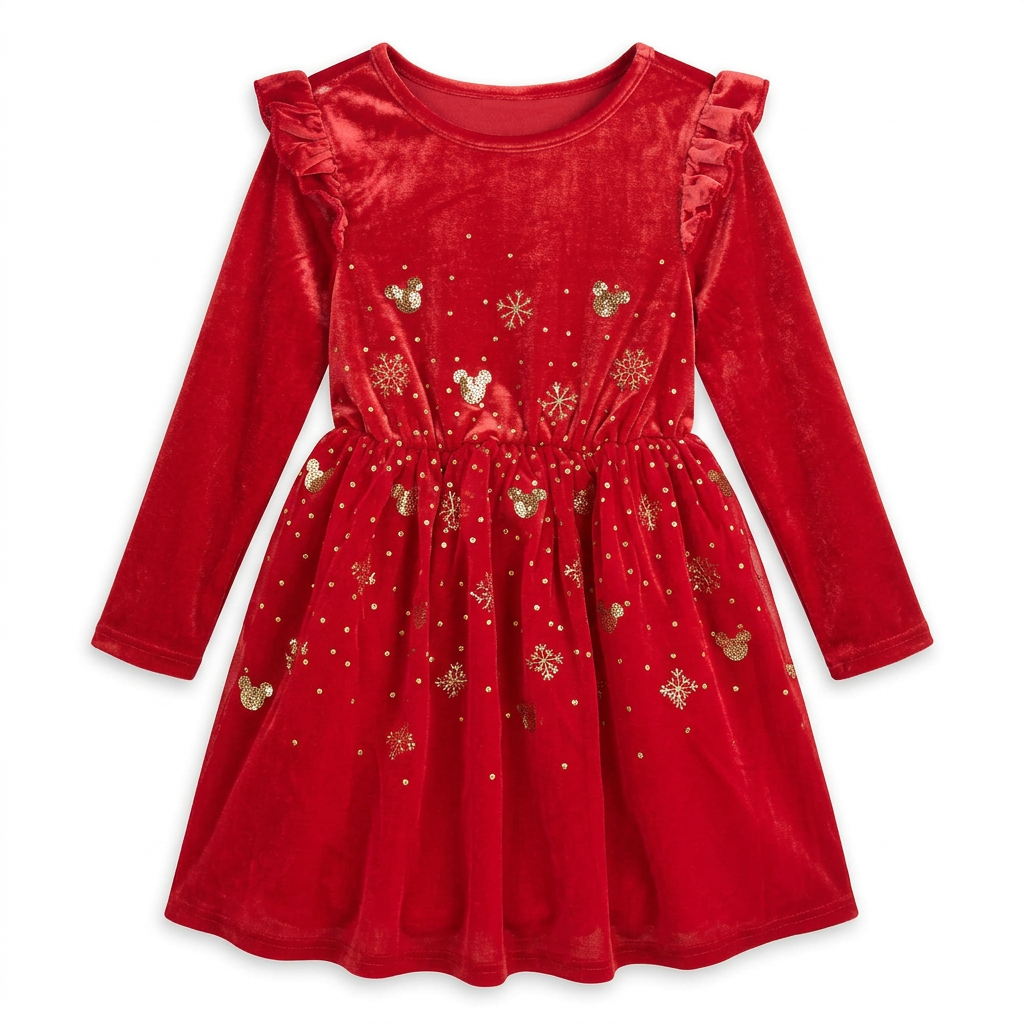 Rotes Micky-Kinderweihnachtskleid mit goldenen Motiven und Schultervolants, Vorderansicht