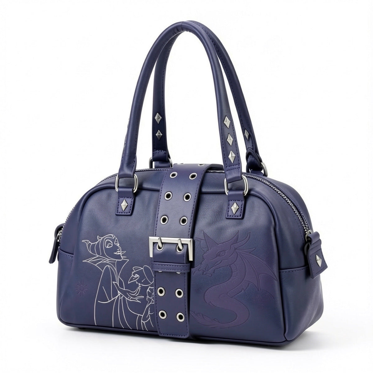 Violette Disney-Villains-Handtasche mit Malefiz und Drachen, Henkeln und Schnallen, Vorderansicht