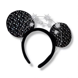 Serre-tête oreilles Disney noir à strass et étoiles argentées – Disneyland Paris, photo studio