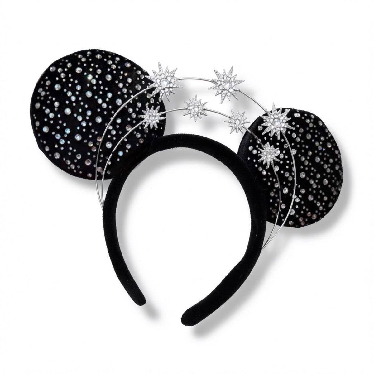 Serre-tête oreilles Disney noir à strass et étoiles argentées – Disneyland Paris, photo studio
