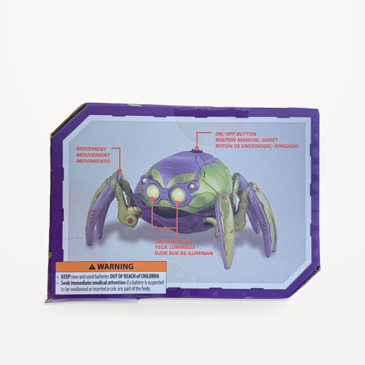 Spider-Bot Halloween Limited Release – vue arrière de l’emballage sur fond blanc mat – Disneyland Paris
