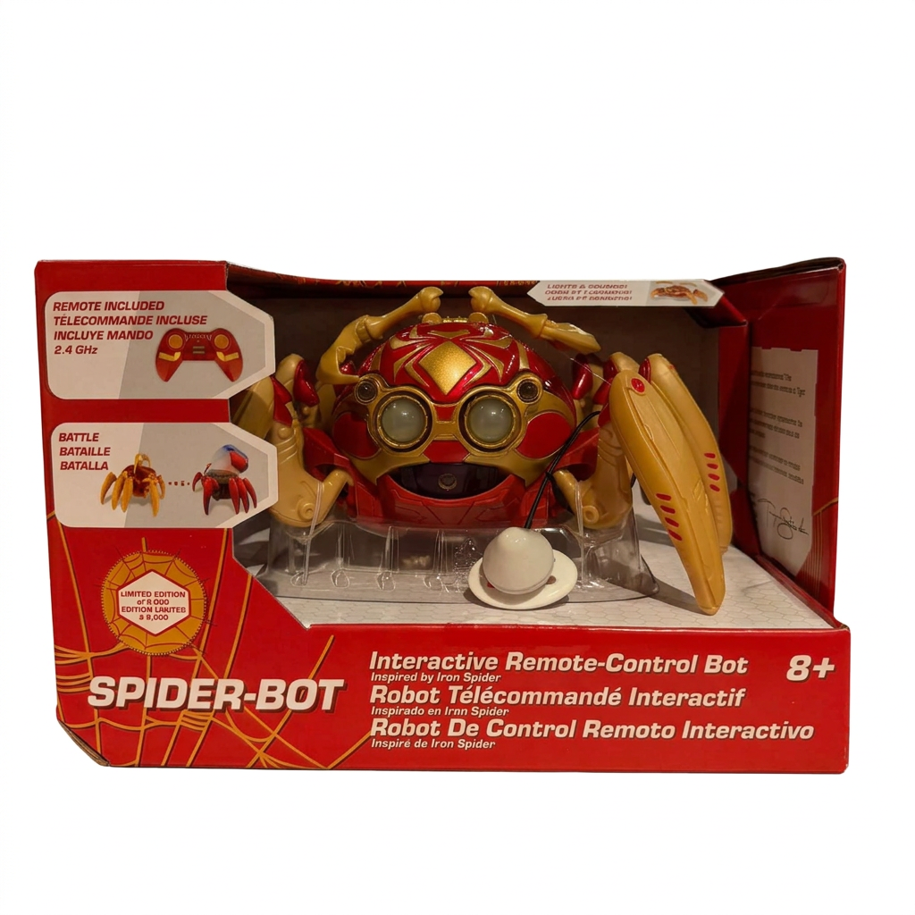 Spider-Bot télécommandé rouge et or dans sa boîte ouverte avec sa télécommande