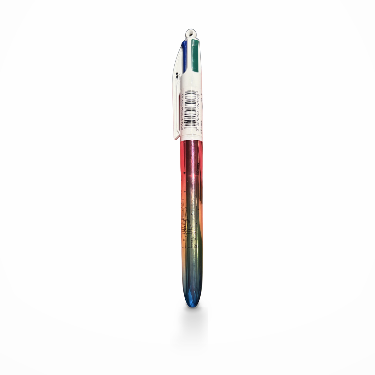 Stylo BIC 4 Couleurs Château Disneyland Paris, vue du code-barres sur fond blanc