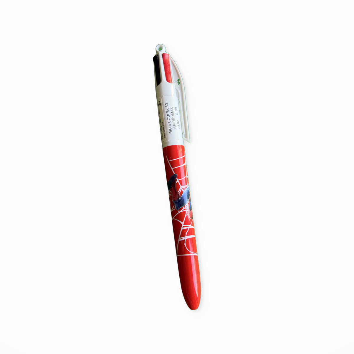 Stylo BIC 4 Couleurs Spider-Man – vue de l’étiquette et des poussoirs sur fond blanc