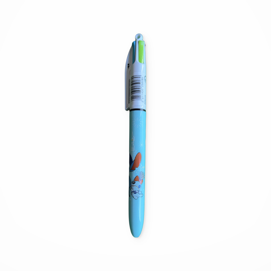 Stylo BIC 4 Couleurs Stitch – vue du code-barres et des poussoirs sur fond blanc