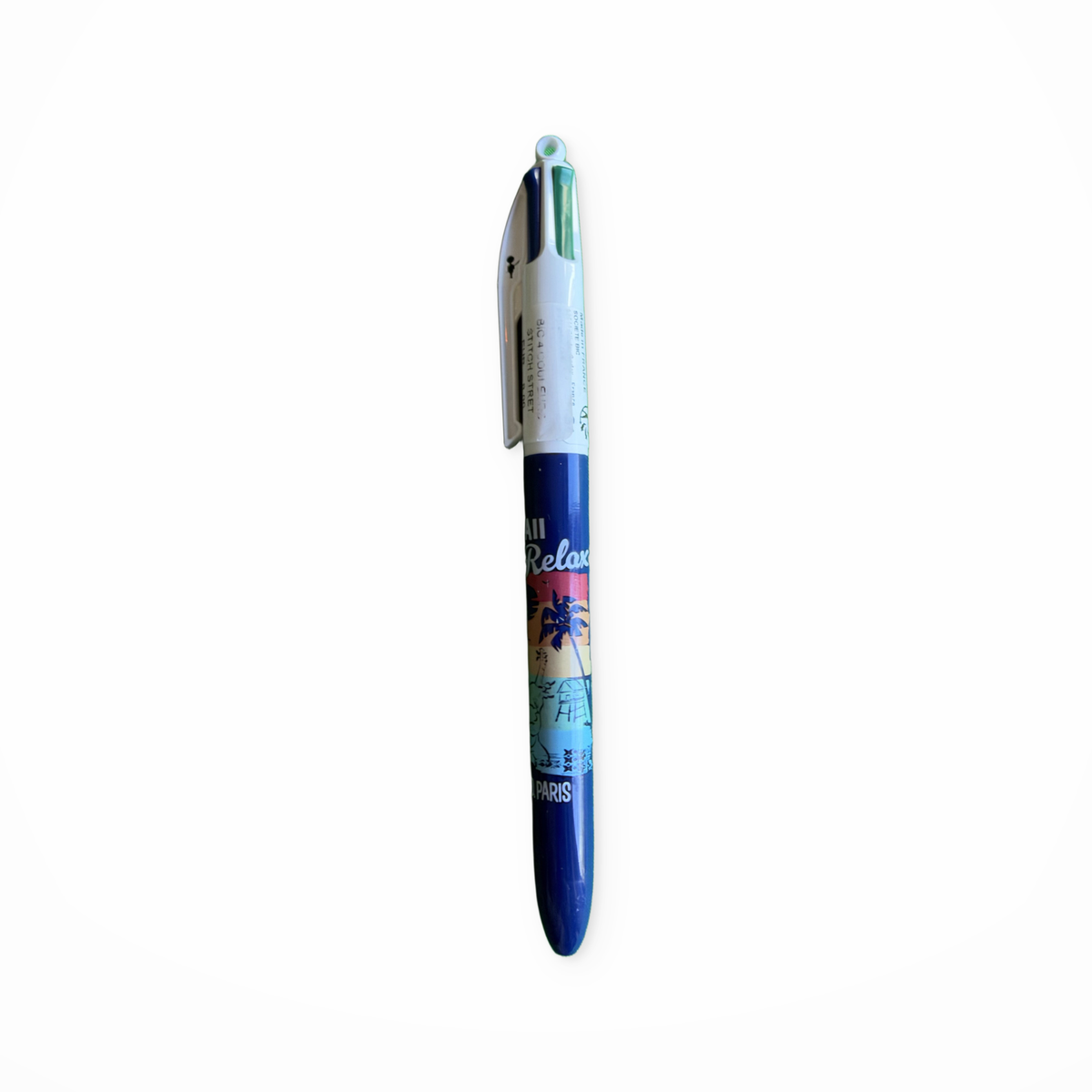 Stylo BIC 4 Couleurs Stitch Street – vue de l’étiquette sur fond blanc