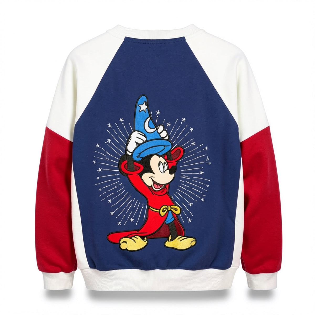Sweat Mickey Fantasia bleu, blanc et rouge – vue de dos avec Mickey Apprenti Sorcier