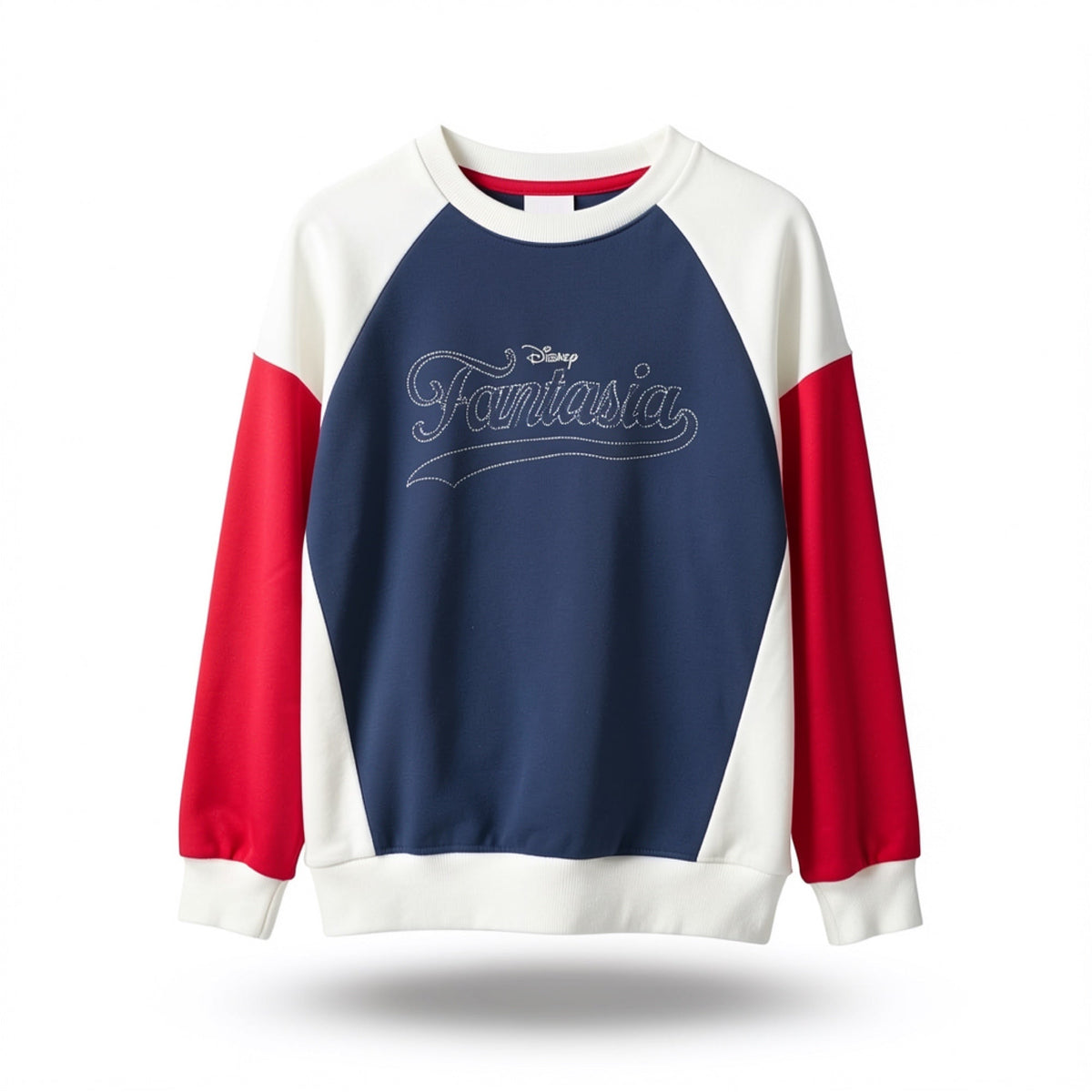 Sweat Mickey Fantasia bleu, blanc et rouge – vue de face avec logo Fantasia