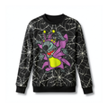 Sweat noir adulte Stitch Halloween violet et vert avec toiles d’araignee claires — vue de face studio sur fond blanc