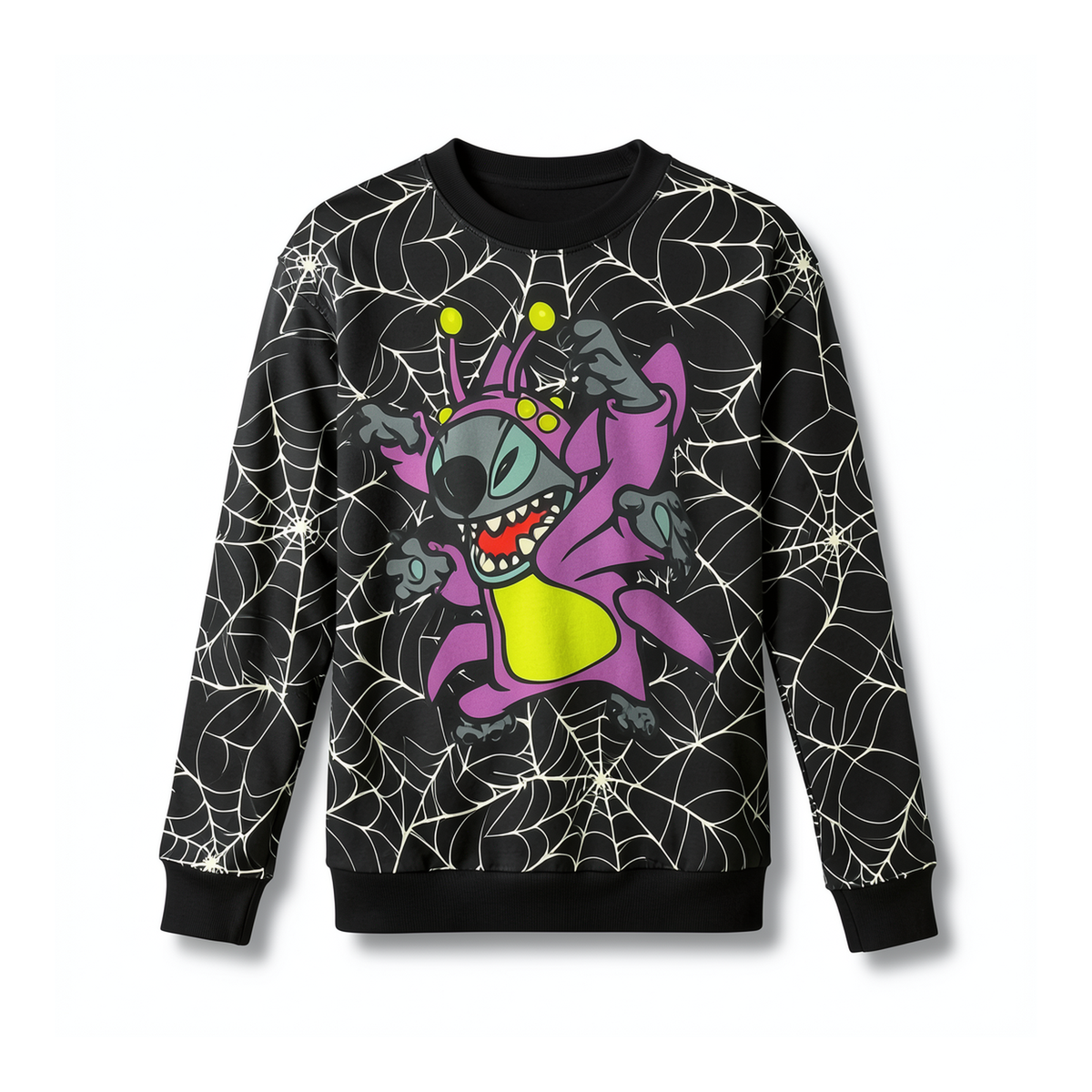 Sweat noir adulte Stitch Halloween violet et vert avec toiles d’araignee claires — vue de face studio sur fond blanc