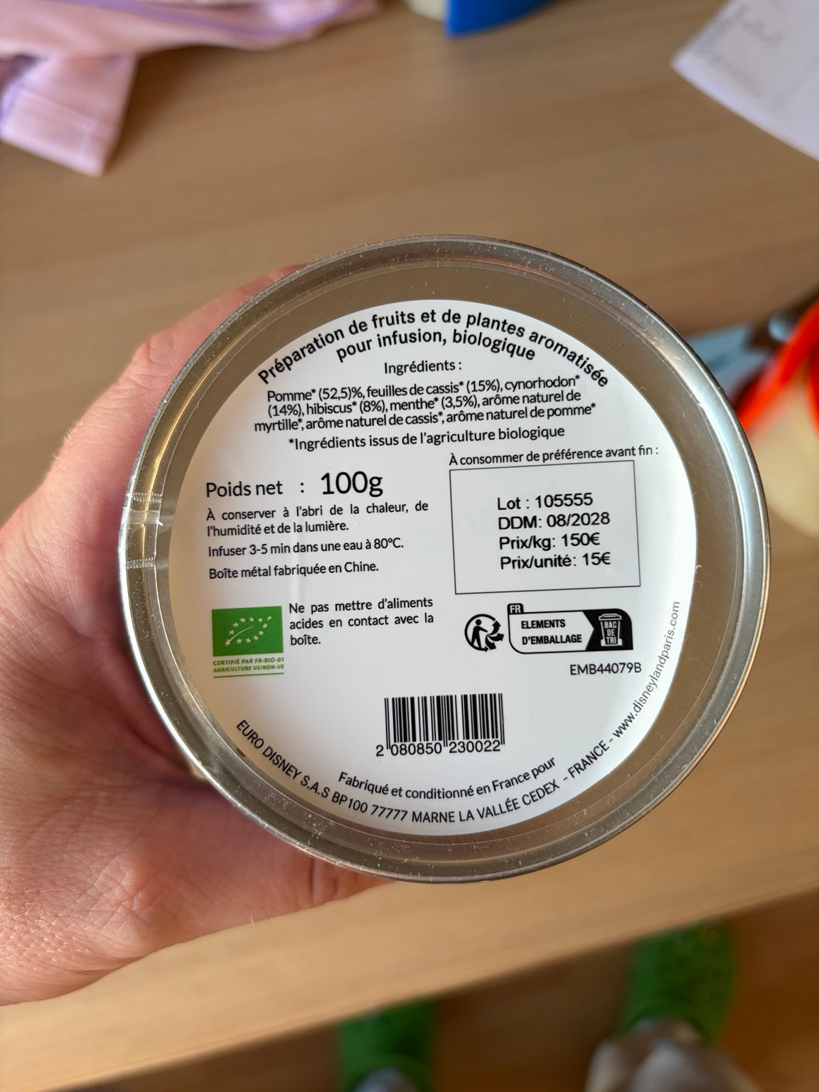 Étiquette ingrédients tisane bio Madame Leota 100 g Disneyland Paris