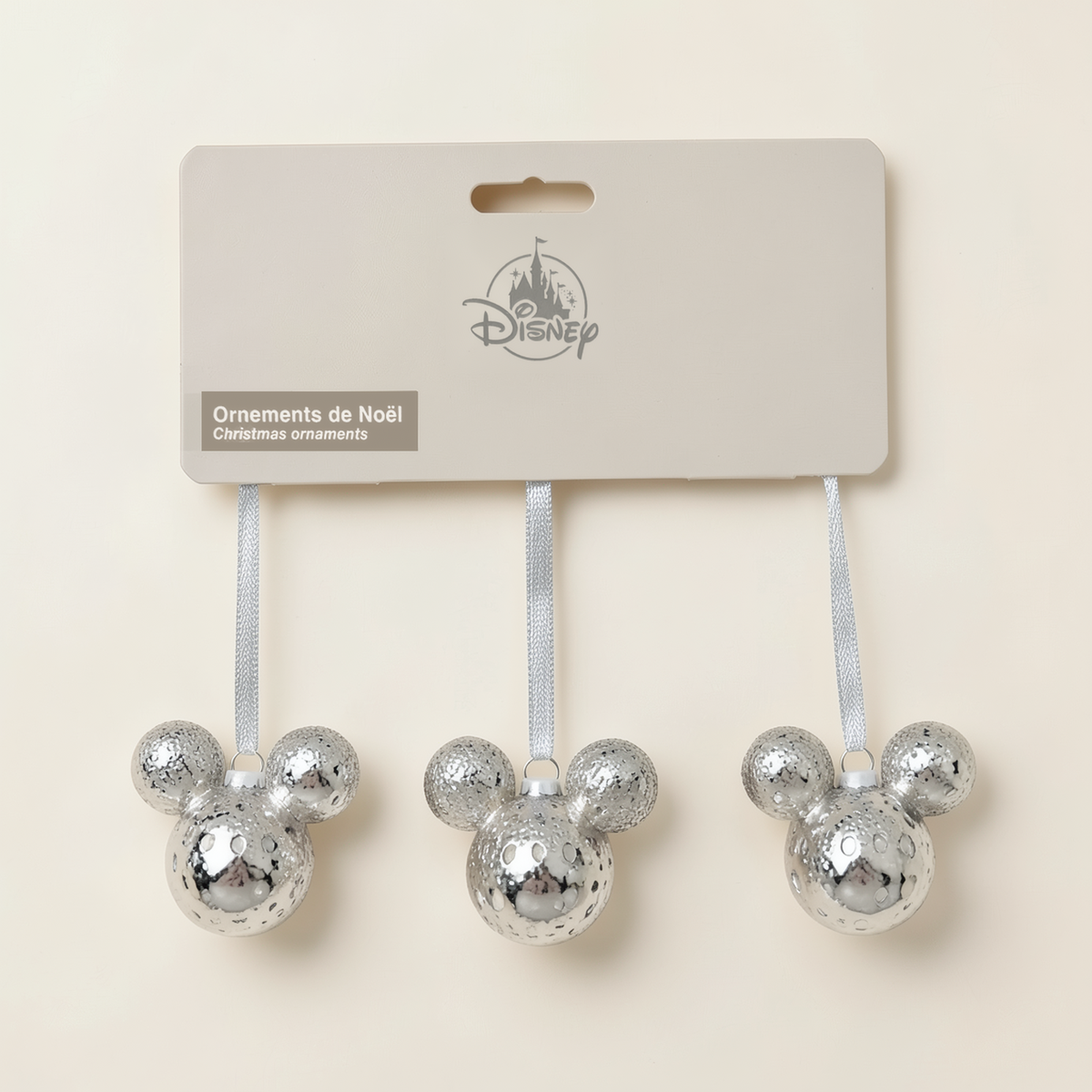 Ornement de Noël Trio de têtes Mickey argentées – Disneyland Paris – photo studio