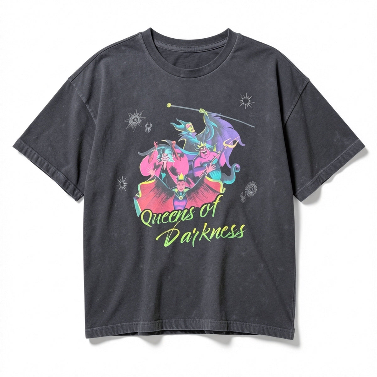 Dunkelgraues Disney-Villains-T-Shirt mit buntem Motiv und Aufschrift Queens of Darkness