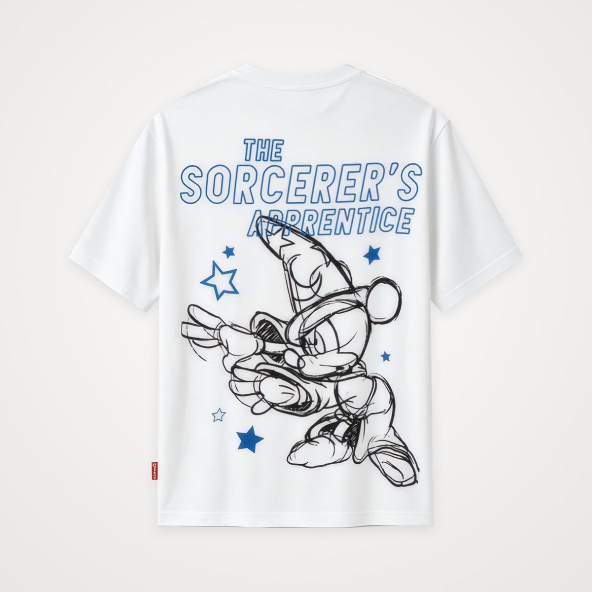 T-shirt blanc Fantasia, dos avec grand croquis noir de Mickey Apprenti Sorcier, étoiles bleues et inscription The Sorcerer's Apprentice