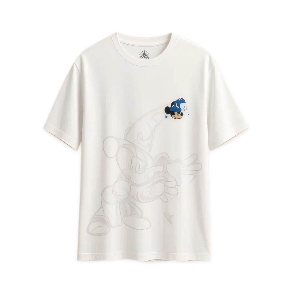T-shirt blanc Mickey Apprenti Sorcier Fantasia : petit portrait au chapeau bleu et grand croquis ton sur ton – vue de face