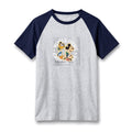 T-shirt raglan Mickey & Friends gris à manches bleu marine, motifs Mickey, Donald, Dingo et Pluto – vue de face