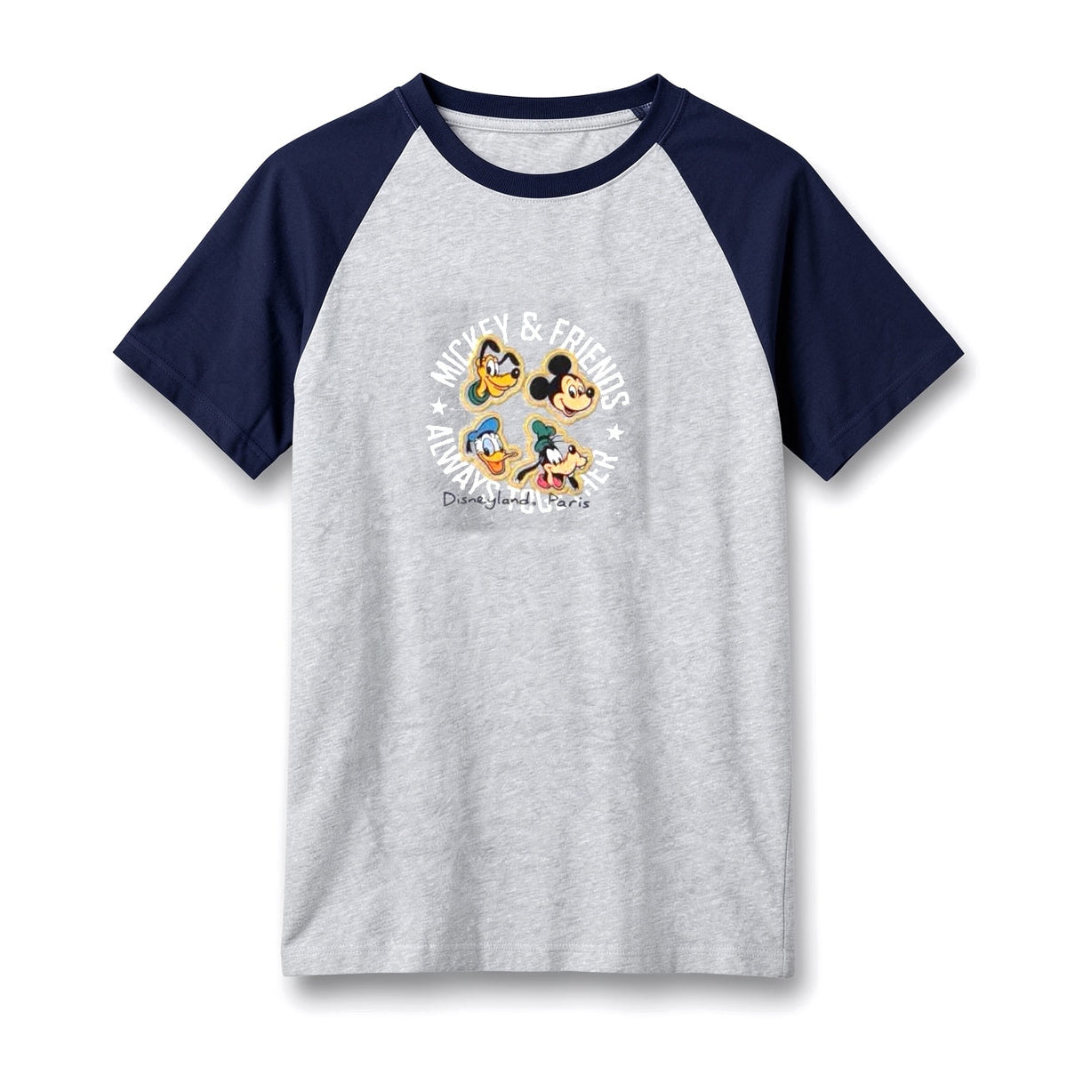 T-shirt raglan Mickey & Friends gris à manches bleu marine, motifs Mickey, Donald, Dingo et Pluto – vue de face