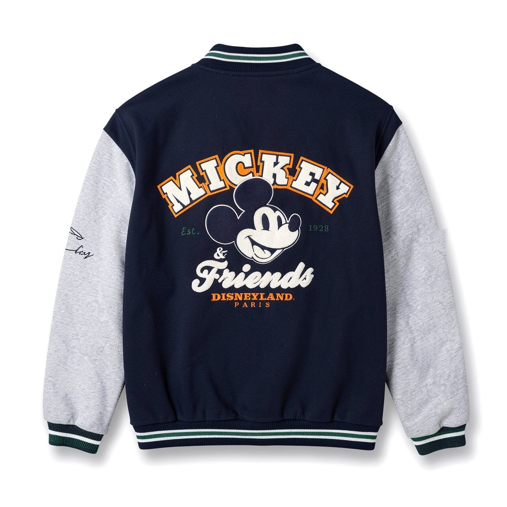 Veste teddy Mickey & Friends bleu marine et gris avec grand motif Mickey et inscription Disneyland Paris – vue de dos