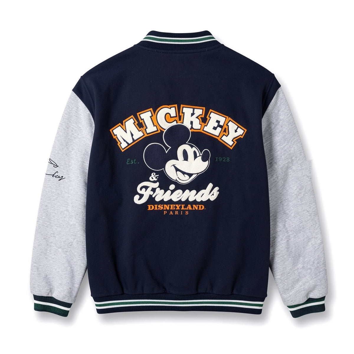Veste teddy Mickey & Friends bleu marine et gris avec grand motif Mickey et inscription Disneyland Paris – vue de dos