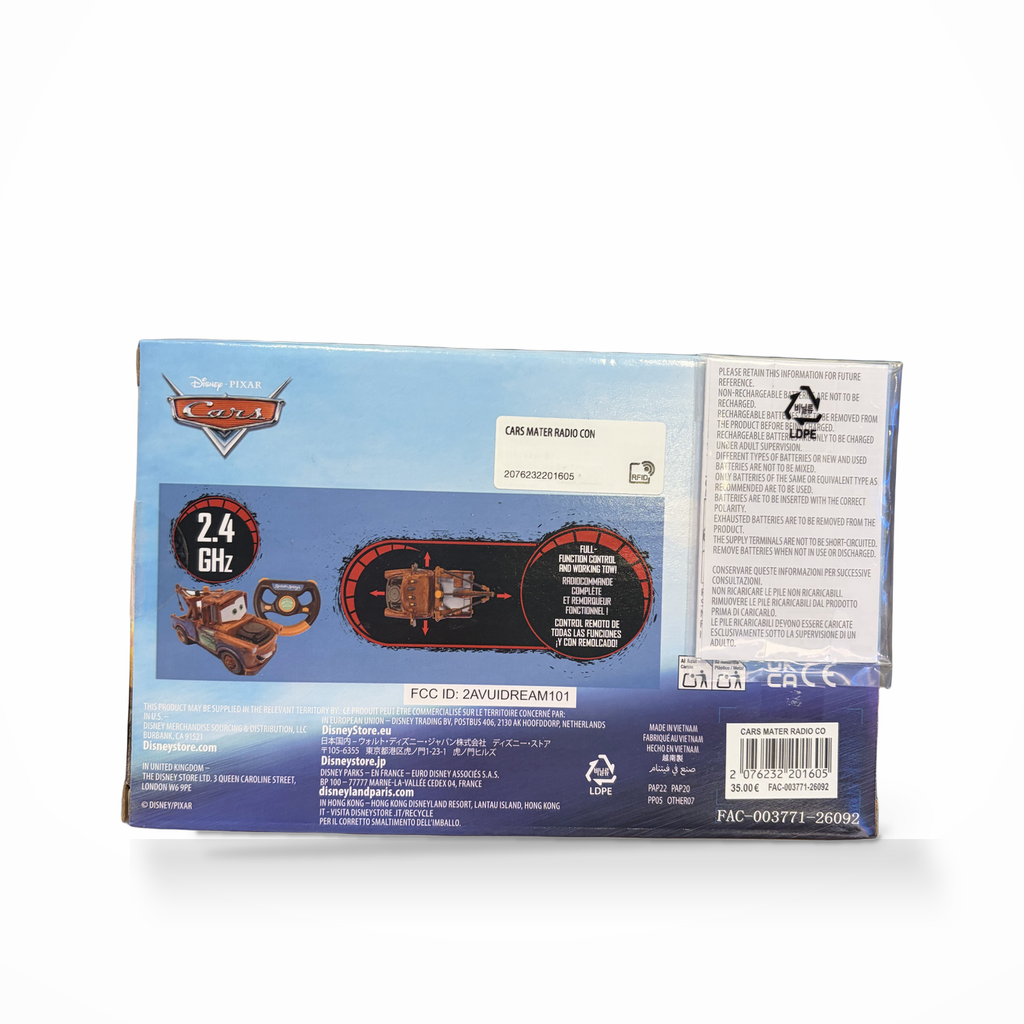 Voiture radiocommandée Mater Cars, coffret, vue arrière sur fond blanc