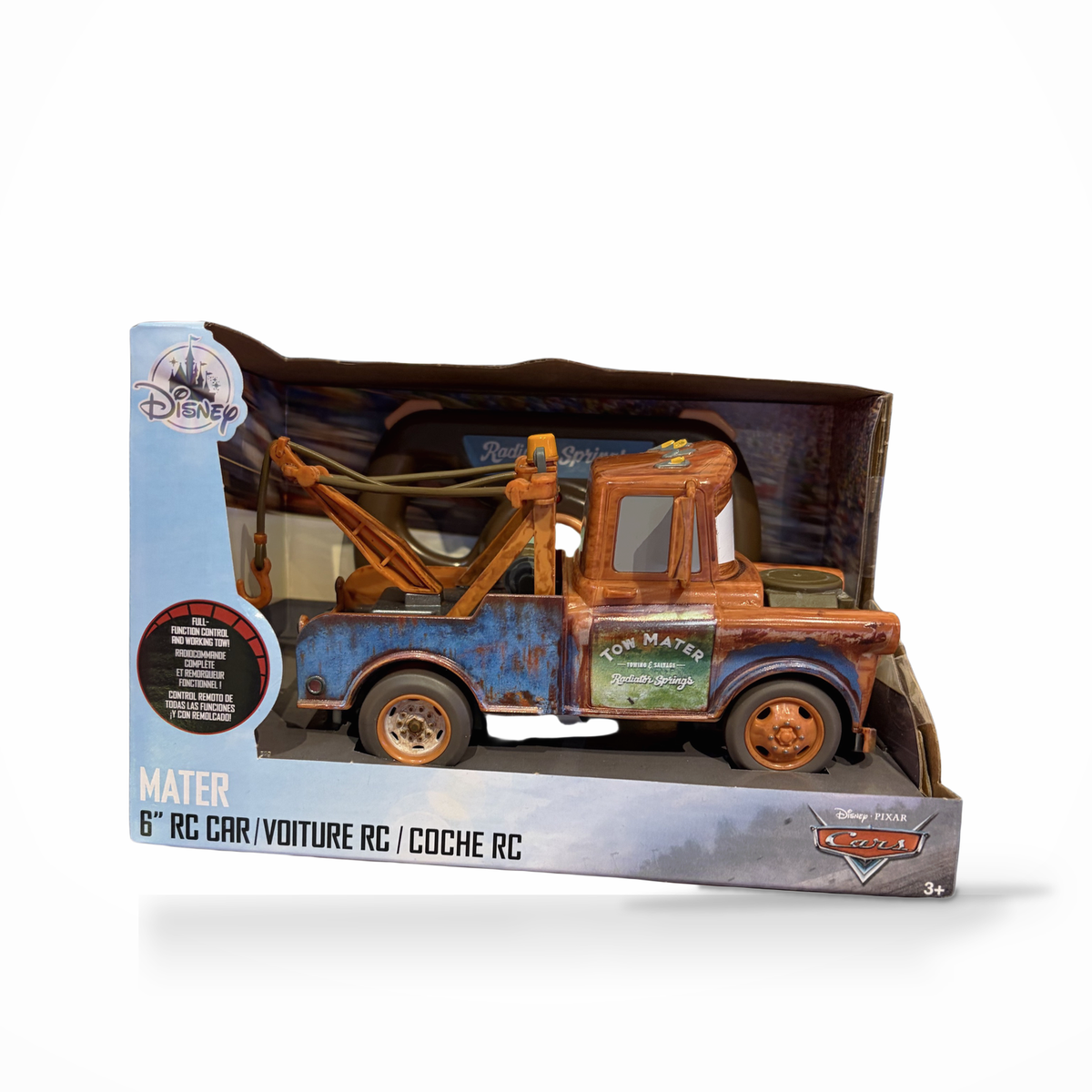 Voiture radiocommandée Mater Cars, coffret, vue de face sur fond blanc